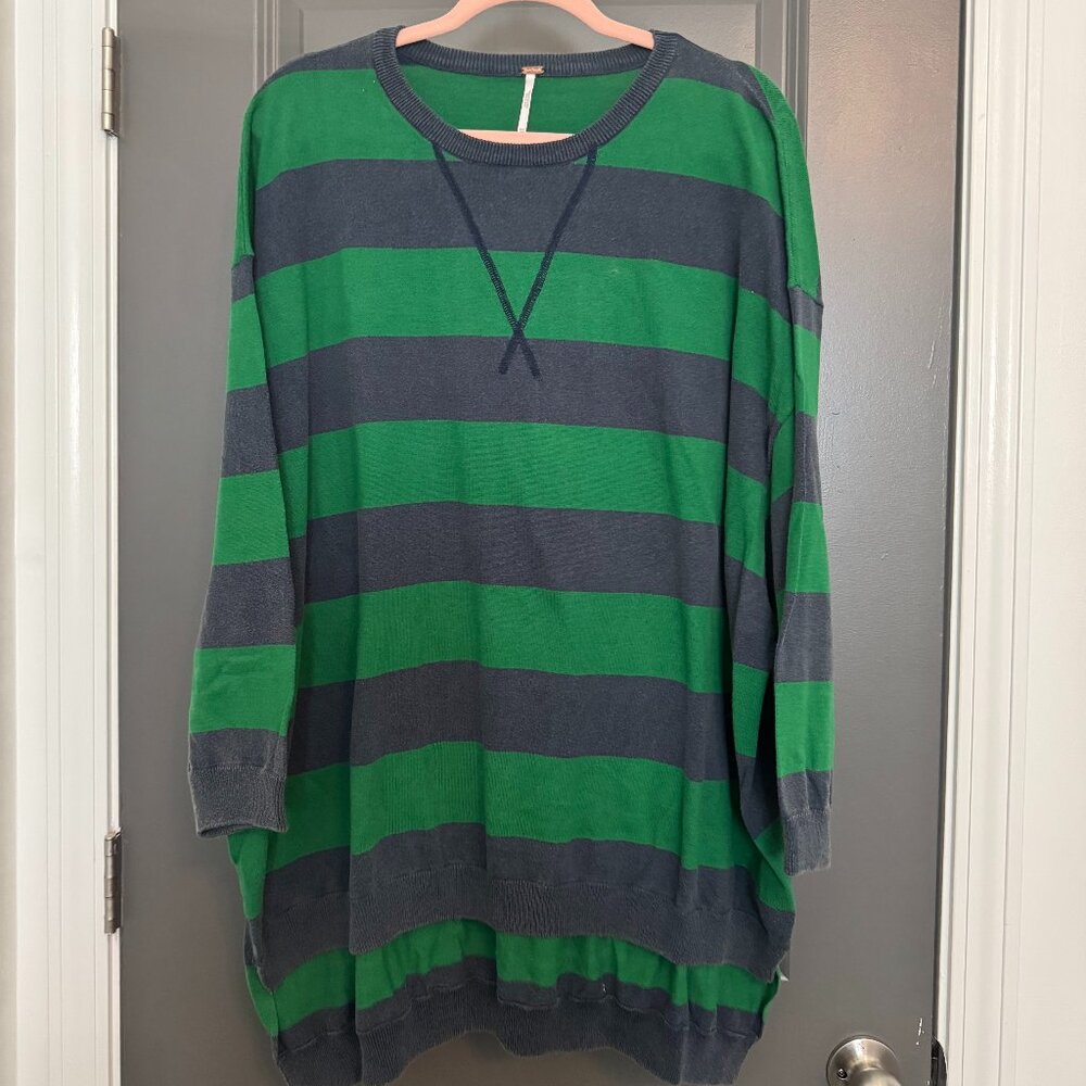 Free People Green and Navy Striped Sweatshirt